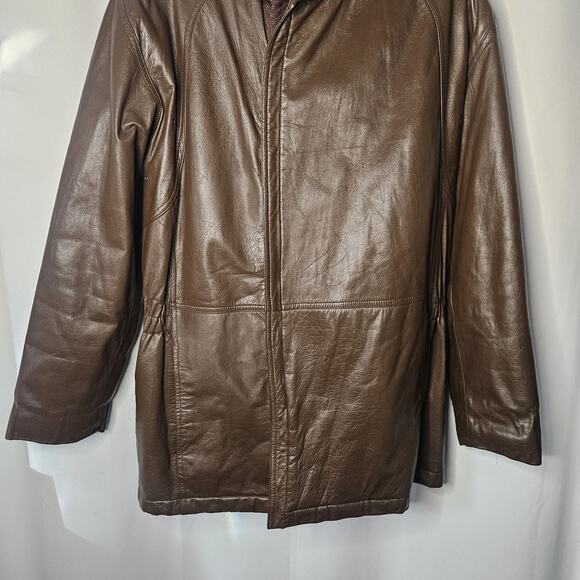 Nino Cerruti Sport Brown Leather Parka Brown Sz Large Asymmetrical Collared Vtg - Picture 3 of 13